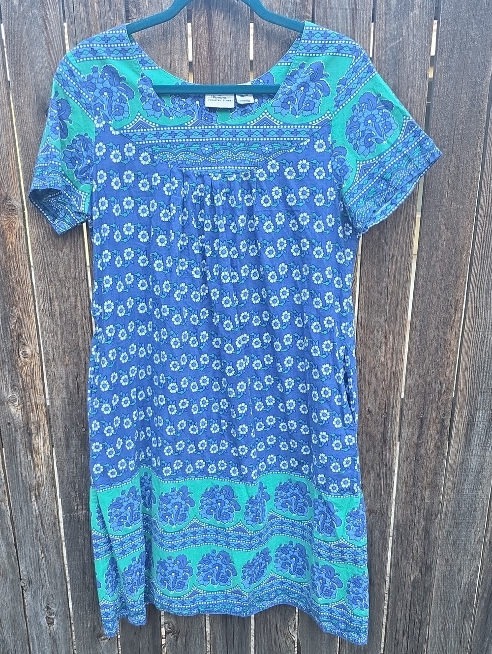 Blue Teal 100% Cotton Floral Short Sleeve Cotton Dress Granny Chic Boho Pockets